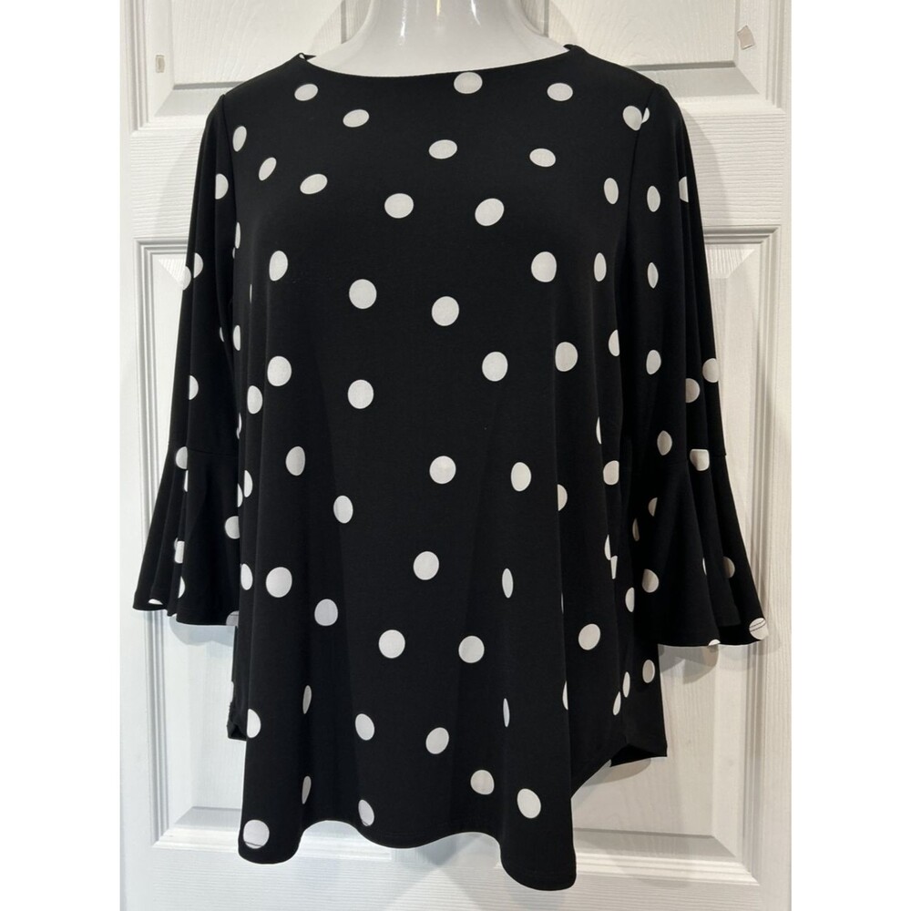 Carmen Marc Valvo Women's Plus 0X Ruffle Sleeve Black Polka Dot Tunic Blouse